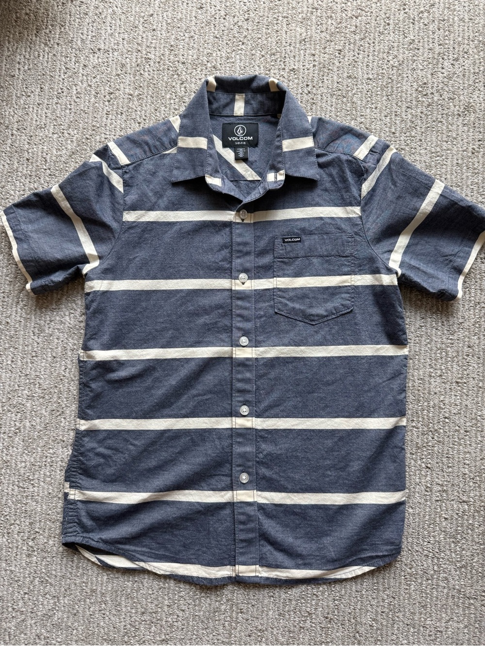 Volcom Boy’s Navy and Cream Striped Short Sleeve Shirt